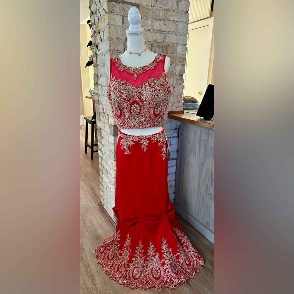 Red and Gold Embellished Sleeveless Gown